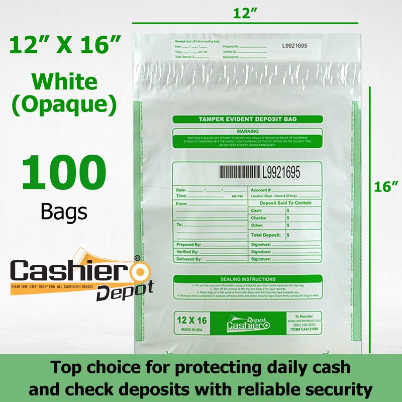 Tamper Evident Deposit Bags 12x16 White with Barcode & Serial Number - 100 Pack