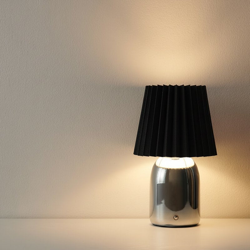 Rechargeable LED Portable Table Lamp with Touch Control - Chrome Finish, Black Linen Shade