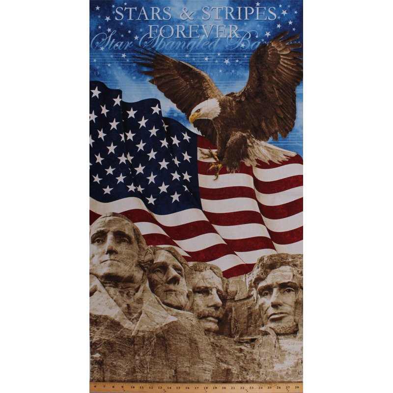Patriotic American Flag and Bald Eagle Cotton Fabric Panel 23.5x44 Inches