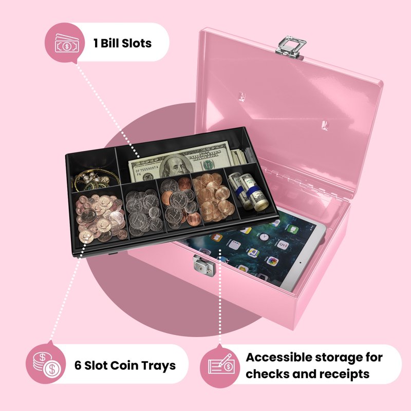 Pink Metal Cash Box with Lock & 7-Compartment Money Tray - Secure Storage for Small Businesses