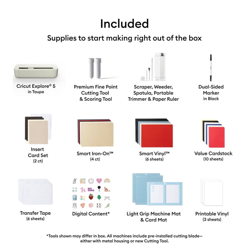 Cricut Explore 5 Cutting Machine Bundle with Vinyl & Iron-On Samplers