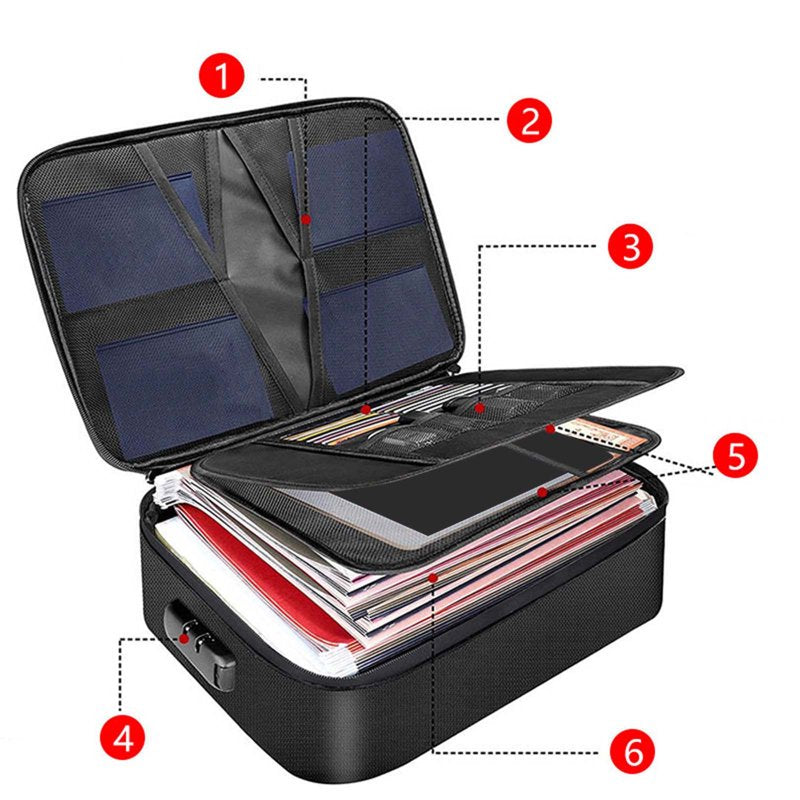 Fireproof Waterproof Document Box with Lock & Organizer Bags - Black