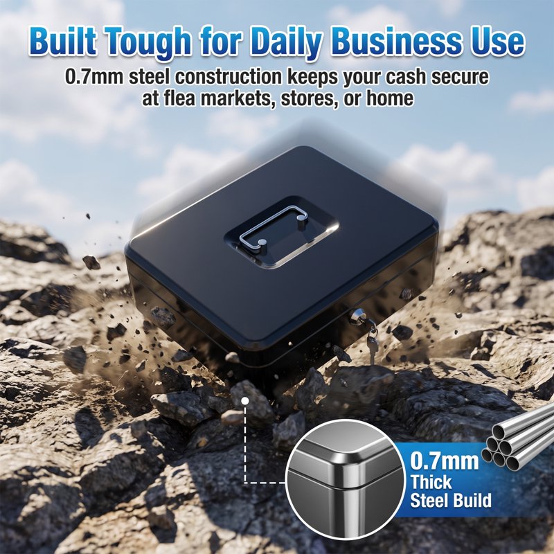 Large Metal Cash Box with Lock and Coin Tray, Portable Organizer
