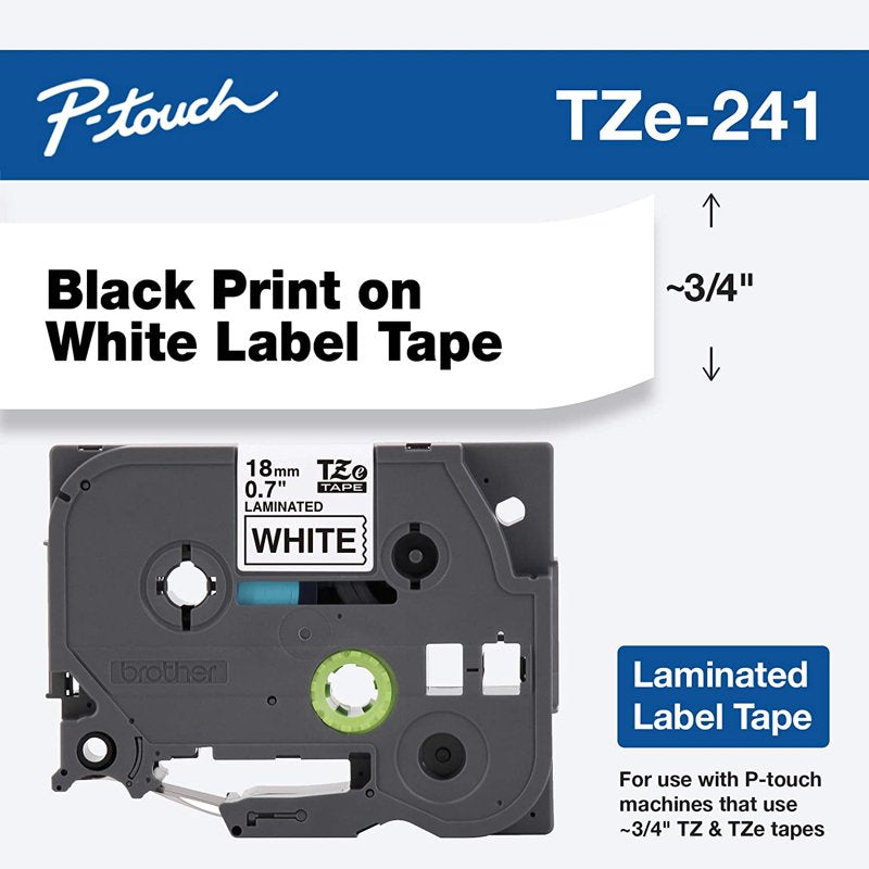 Brother TZE-241 Black on White Laminated Label Tape 3/4" (18mm) for Label Makers