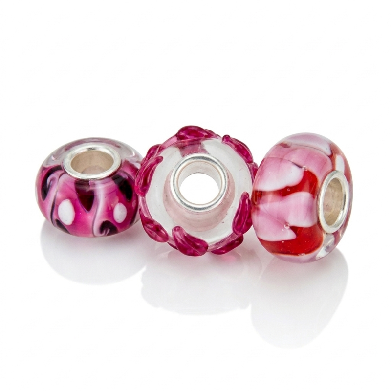 Mixed Pink Murano Glass Charm Beads for Bracelets & Jewelry Making - Sterling Silver Core