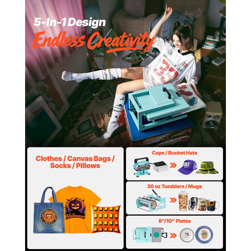 15x15 Inch Hybrid Heat Press Machine 5-in-1 Sublimation T-Shirt Mug Cap Plate