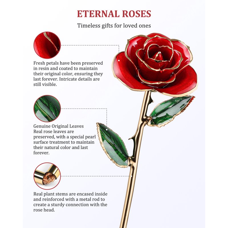 24K Gold Dipped Rose - Eternal Preserved Rose for Her, Gifts for Mom, Wife, Girlfriend