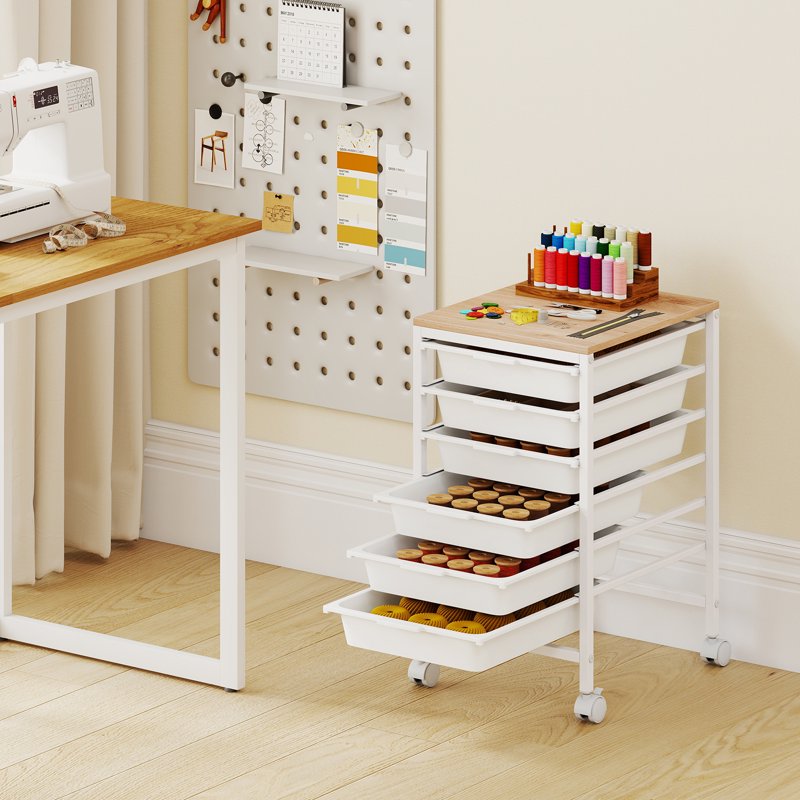 6-Drawer Rolling Storage Cart with Wooden Top and Lockable Wheels for Office or Home Organization