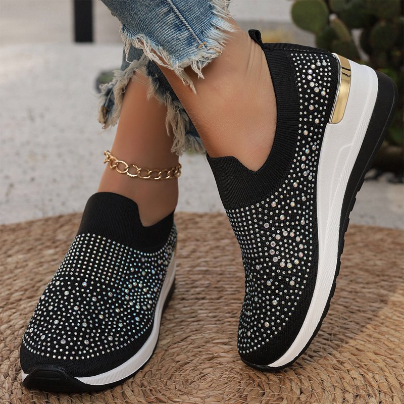 Women's Sparkly Wedge Sneakers with Rhinestone Embellishments - Casual Flats