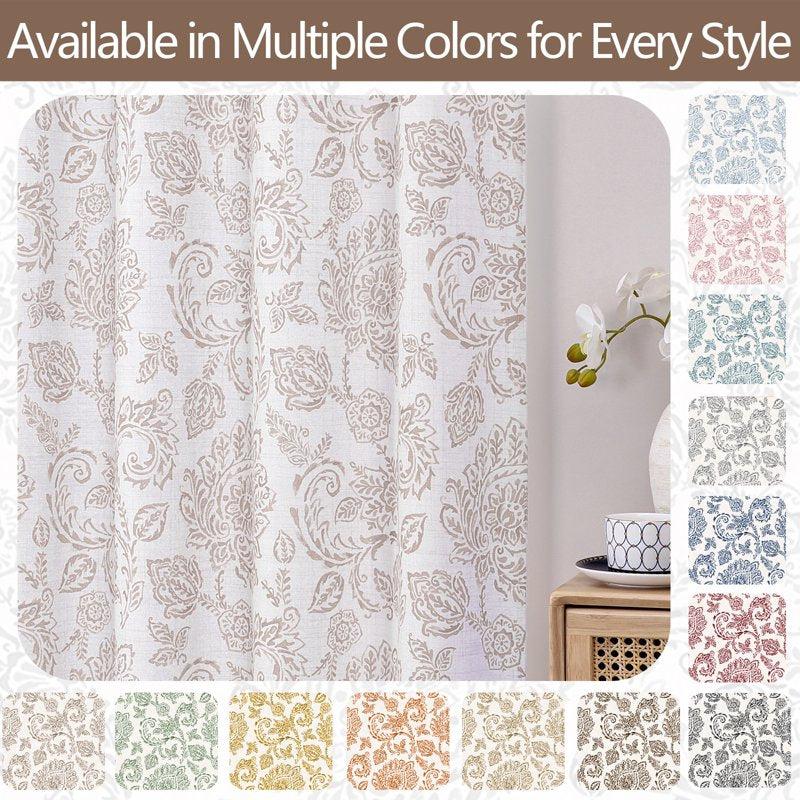 Farmhouse Taupe Floral Curtain Panels - 52W x 96L, 2-Pocket Rod Pocket Drape Set