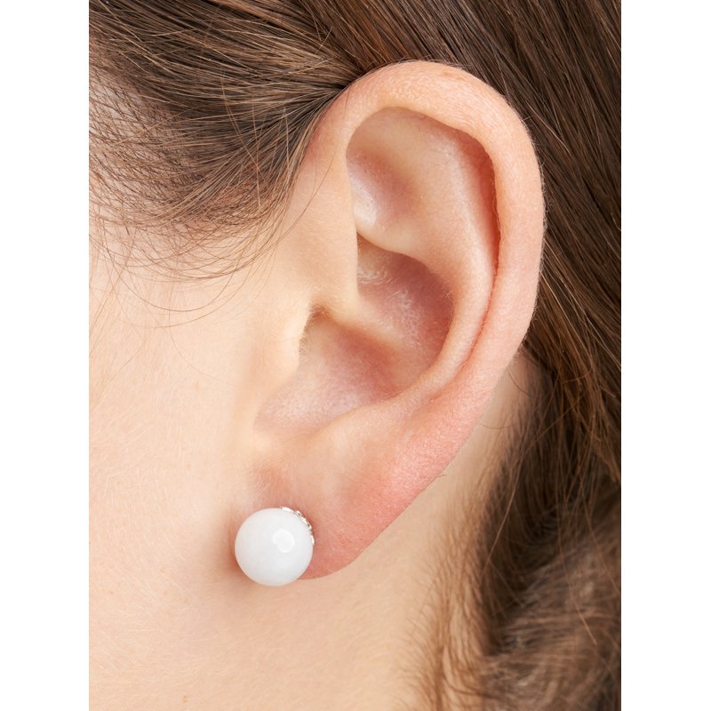 Women's Sterling Silver Jade Stud Earrings in Platinum Finish - Multiple Colors