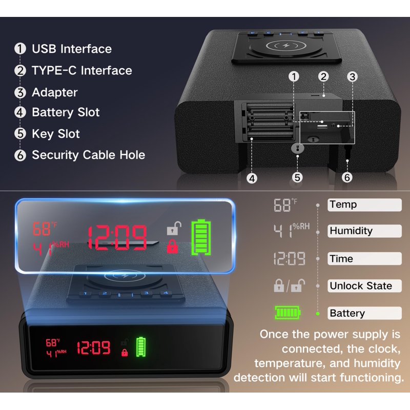 Biometric Smart Safe with Wireless Charging and Digital Clock - Compact Security Box