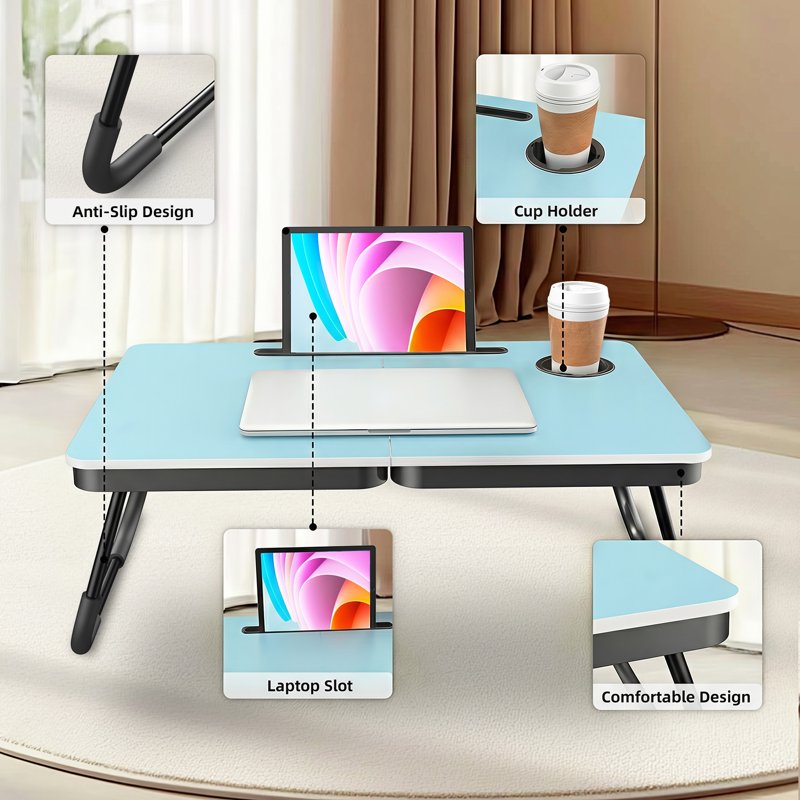 Portable Foldable Lap Desk for Bed and Couch - Blue, with Cup & Phone Holders