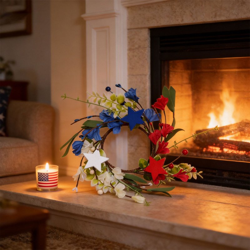 Patriotic Candle Ring Wreath for 4th of July Memorial Day Decor - Red White Blue Floral & Star Accents