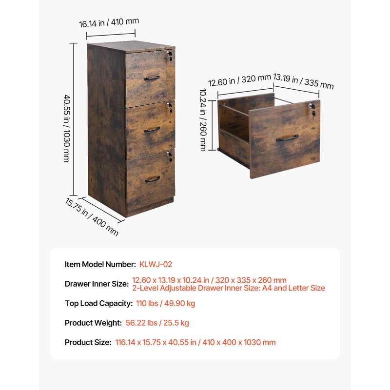 Lockable 3-Drawer File Cabinet - Vertical Office Storage with Adjustable Rod