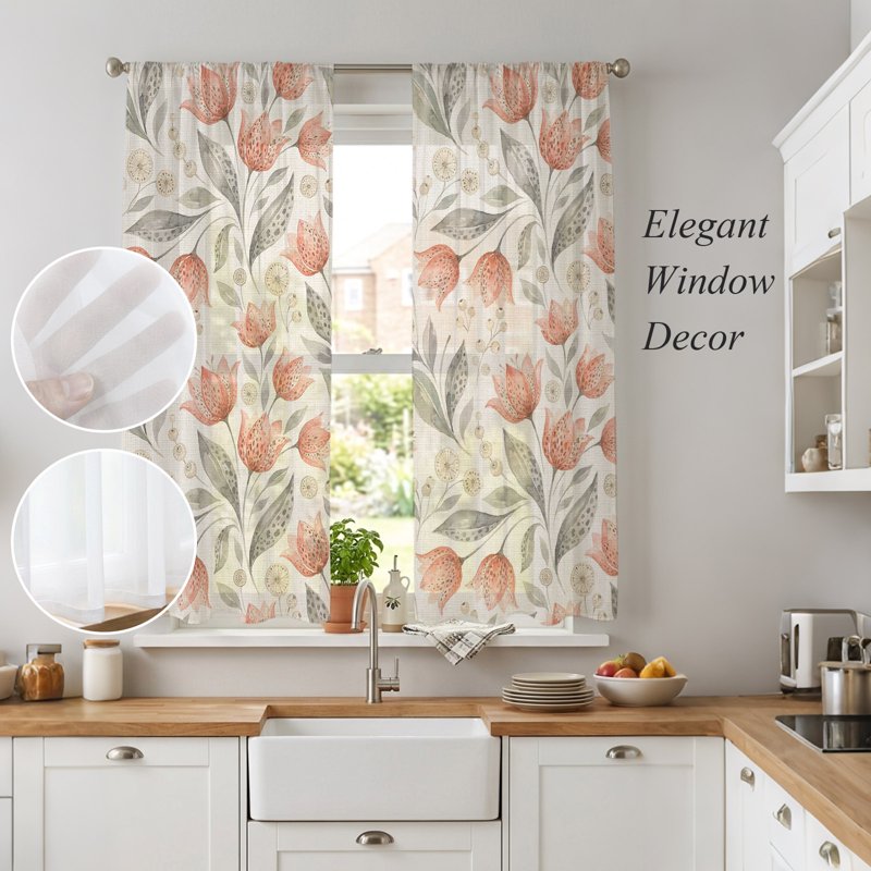 Peach Floral Sheer Curtains Set - 2 Panels, Farmhouse Botanical Window Treatment