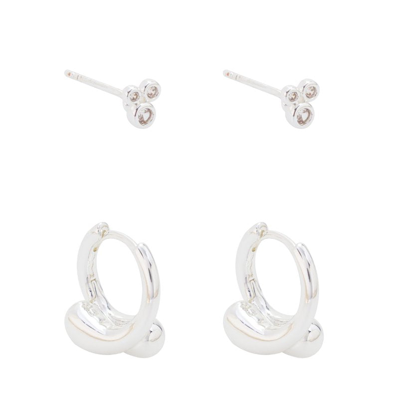 Women's Silver Plated Cubic Zirconia Hoop & Stud Earring Set - 2 Pairs