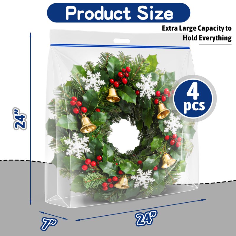 Extra Large Plastic Wreath Storage Bags 24x24x7 Inches - 4 Pack