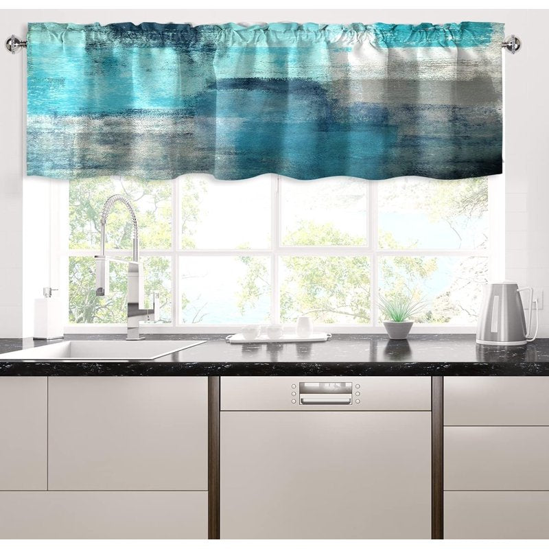 Modern Abstract Kitchen Valance Curtains - Turquoise Grey Window Treatment 18x52 inches