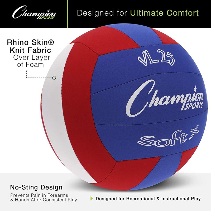 Rhino Skin Soft Fabric Volleyball for Beginners - Red & Blue, 8.25 Inch