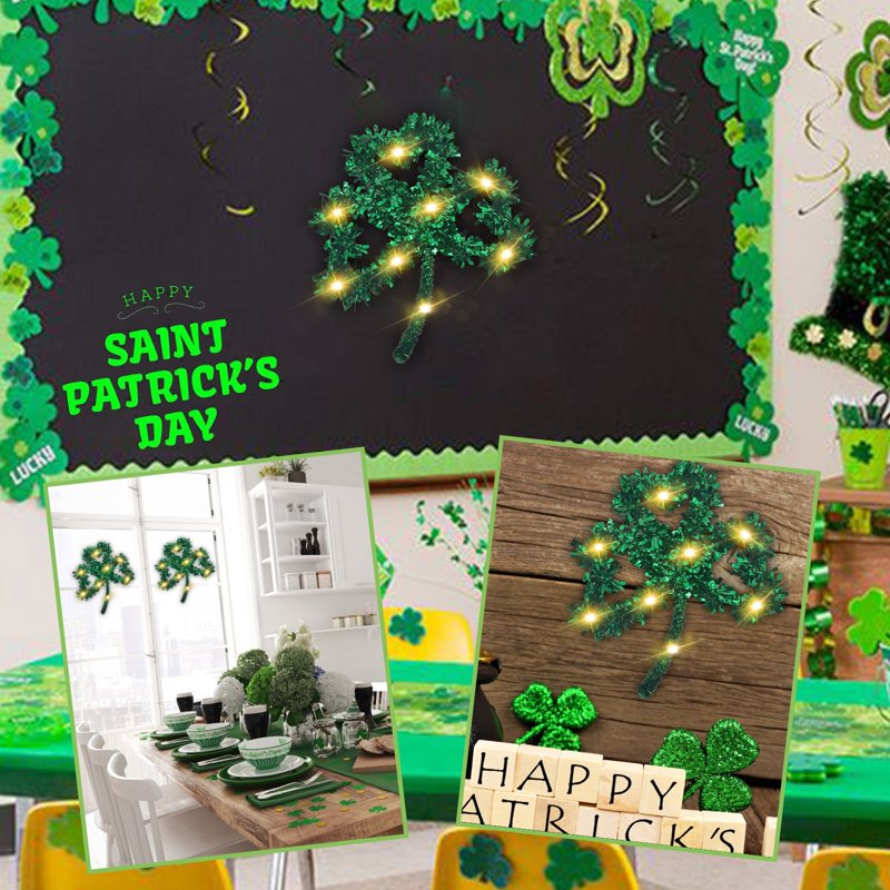 St Patrick's Day Tinsel Garland, Green Shamrock Decor for Indoor Outdoor Festivities