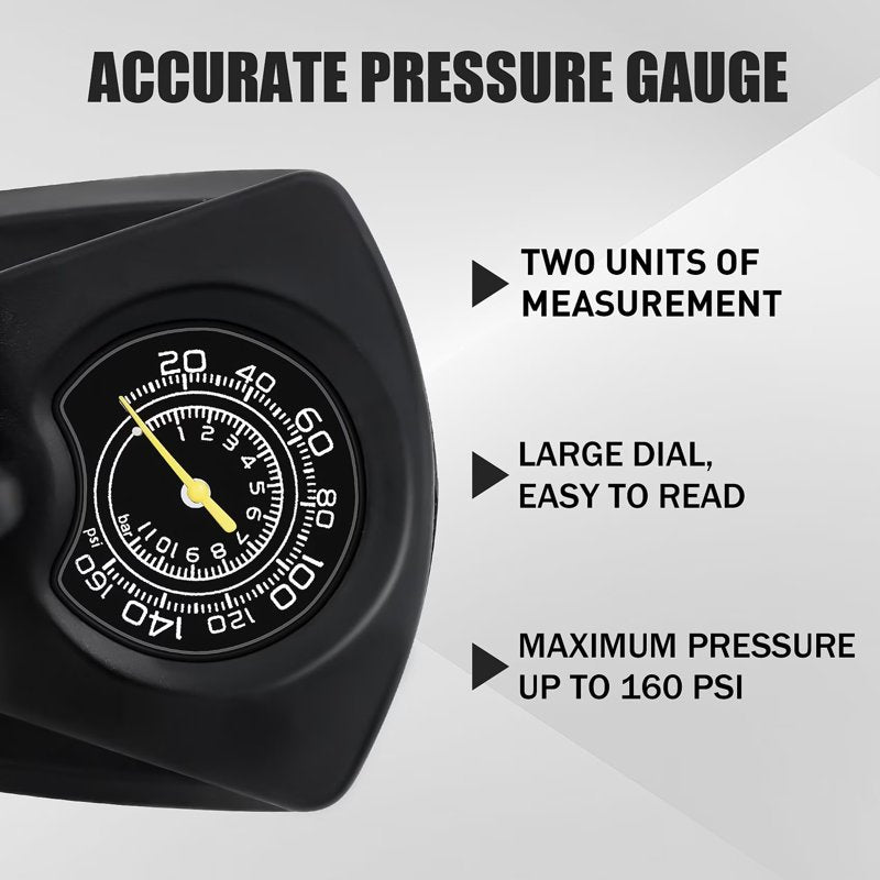 Portable Foot Pump with Gauge - 160 PSI Bike, Tire, Ball & Inflatables Inflator
