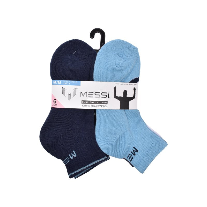 Messi Boys’ Quarter Socks 6-Pack – Size S-L, Blue M Logo
