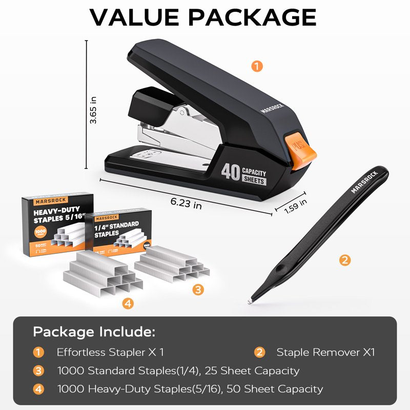 MarsRock 40–50 Sheet Heavy Duty Stapler with 1-Touch Loading, Includes 2000 Staples & Magnetic Staple Remover — Black (Variation: Black)