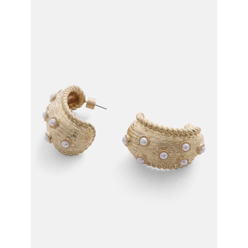 Gold Tone Faux Pearl Hoop Earrings with Textured Rope Design - Scoop