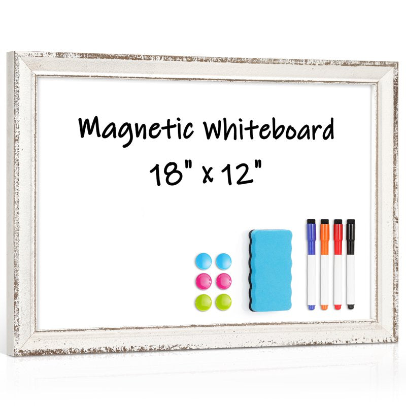 Magnetic Dry Erase Board with Retro White Wood Frame Wall Mount for Office & Home