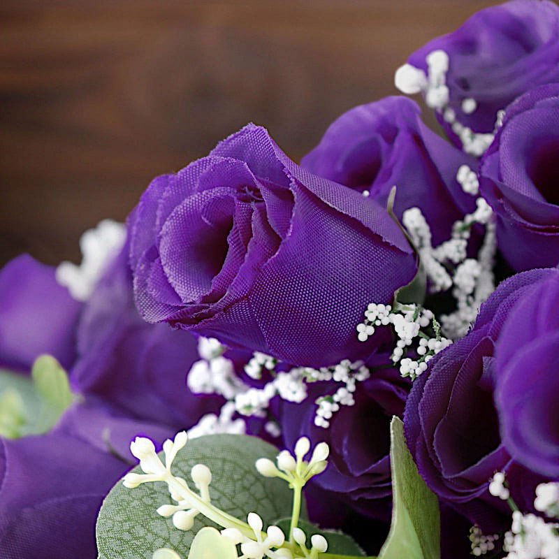 Silk Rose Buds Flowers Bouquet for Weddings & Events - 84 pcs, Purple