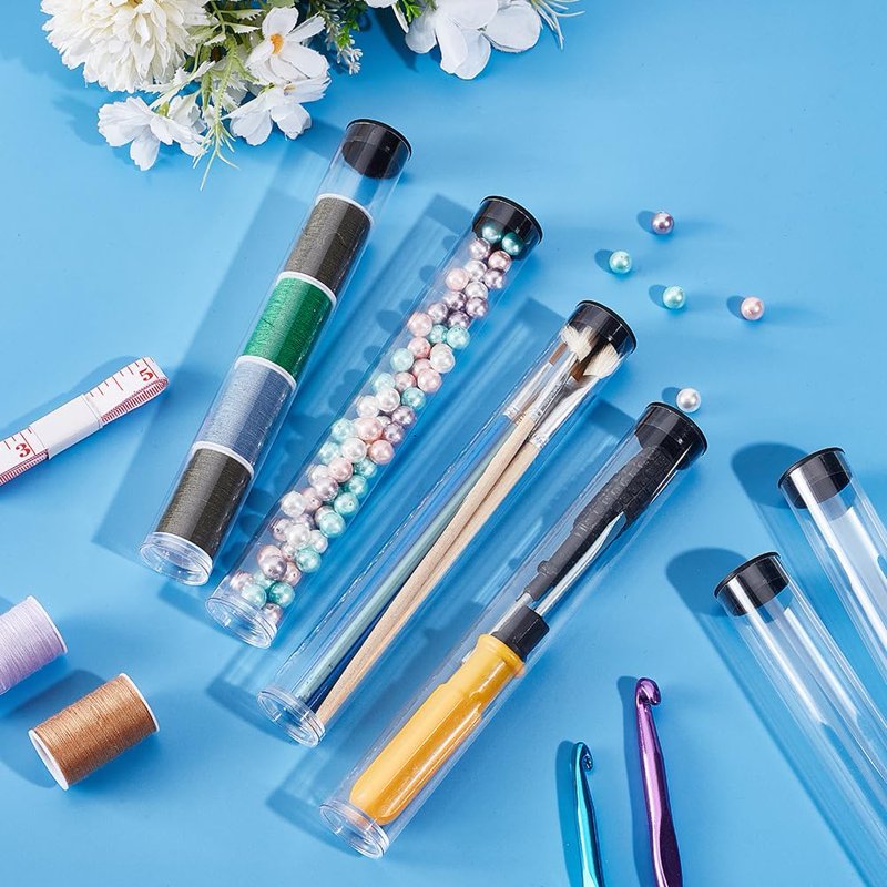 6pcs Clear Plastic Storage Tubes 7 Inch with Black Flat Bottom Lids - Bead & Craft Container