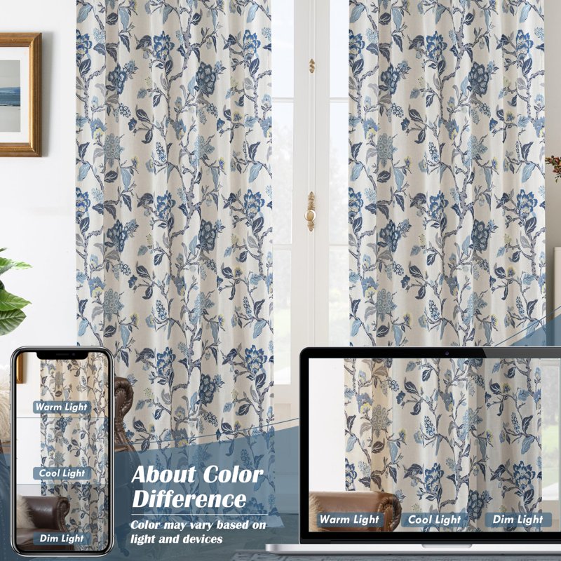 Thermal Insulated Linen Blend Blackout Window Curtains Set of 2 - Floral Botanical Pattern