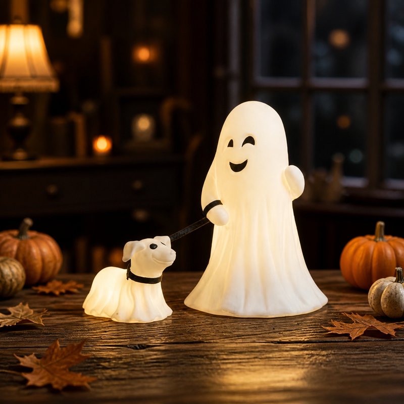 Halloween Ghost with Dog Night Light - Cute LED Desk Lamp for Indoor Outdoor Decor