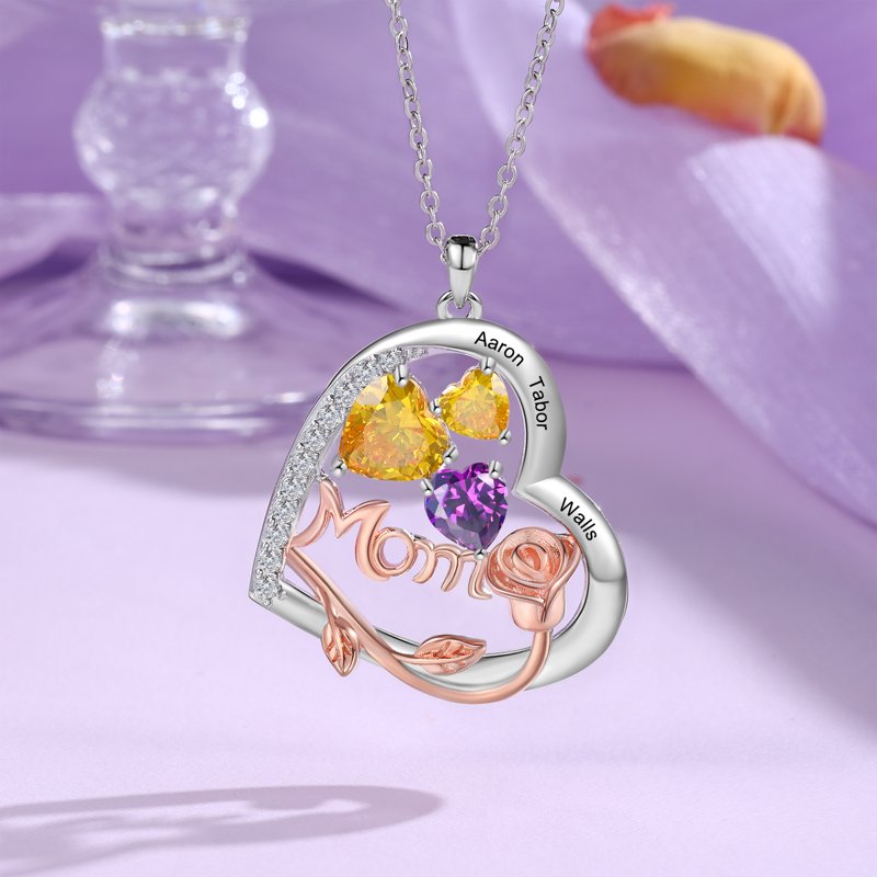 Personalized Brass Heart Necklace with Birthstones for Mom - Family Jewelry