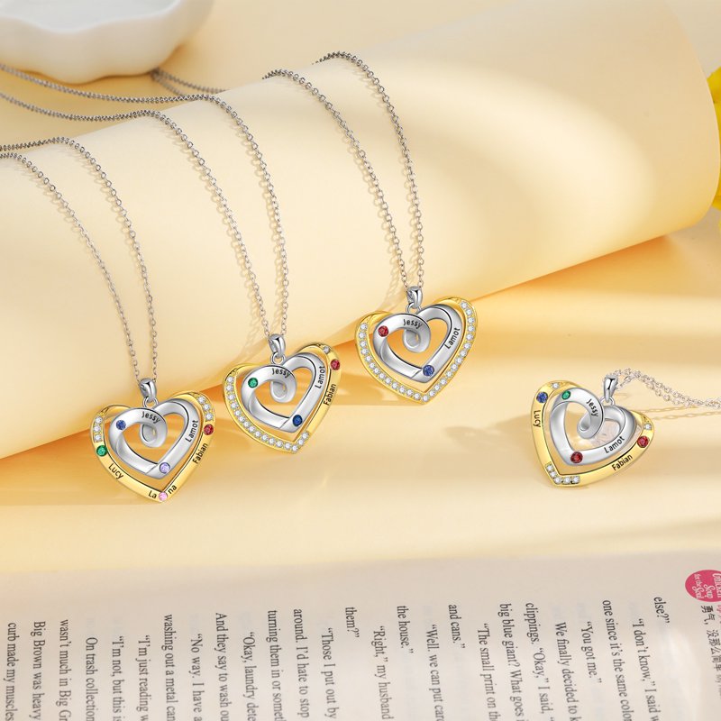 Personalized Family Necklace with Birthstones - Rhodium Plated Brass for Women