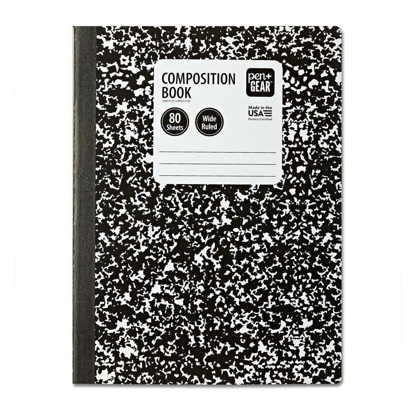 Set of 30 Wide Ruled Composition Books - Black & White Marble Cover, 7.5 x 9.75 Inches
