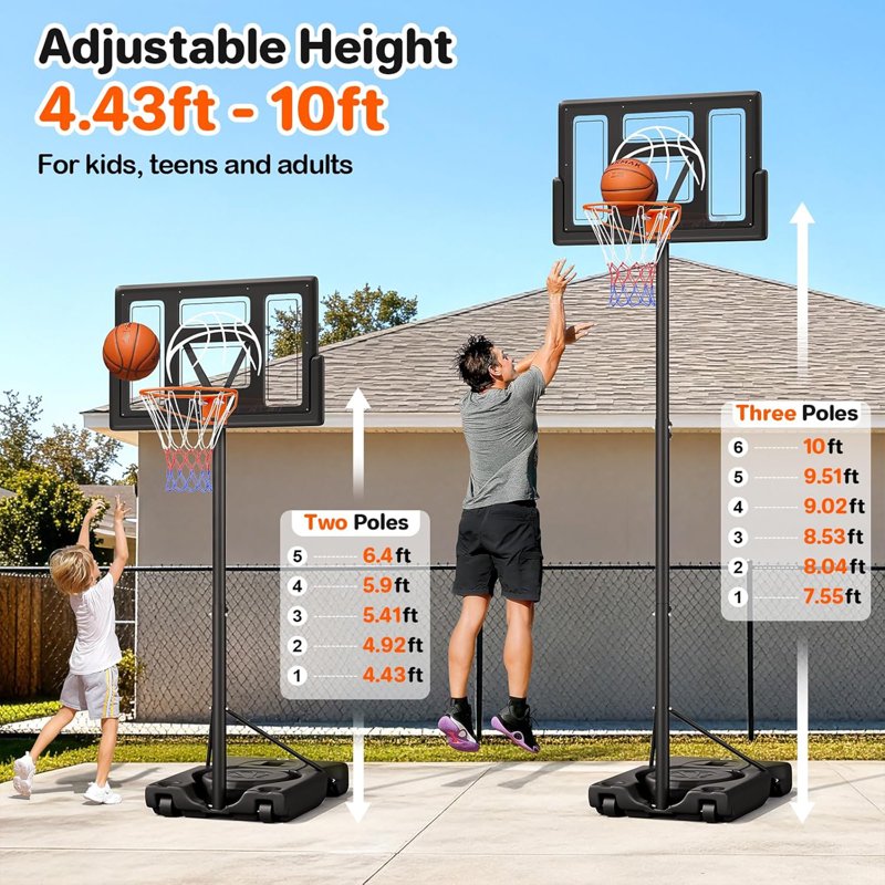 Adjustable Outdoor Basketball Hoop 10FT with 44-Inch Backboard Portable for Kids & Adults