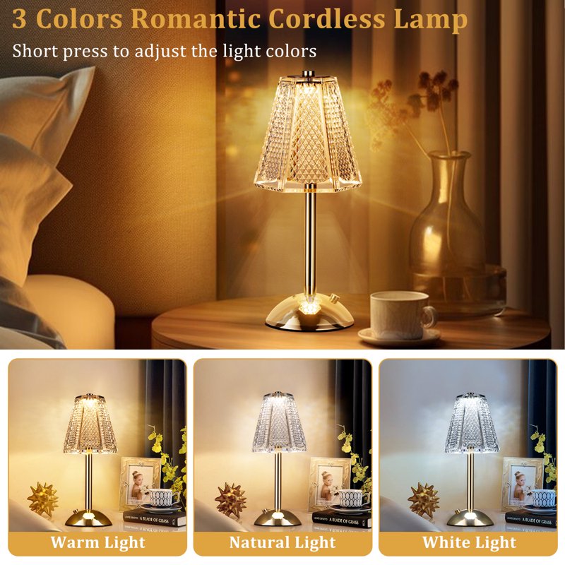 Wireless Dimmable LED Crystal Table Lamp with Touch Control - Rechargeable Night Light for Bedroom Living Room Kitchen