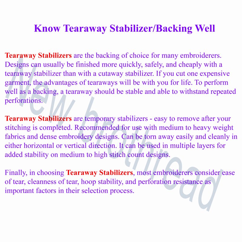 Embroidery Stabilizer Backing Sheets - Tear Away, Medium Weight, All Sizes