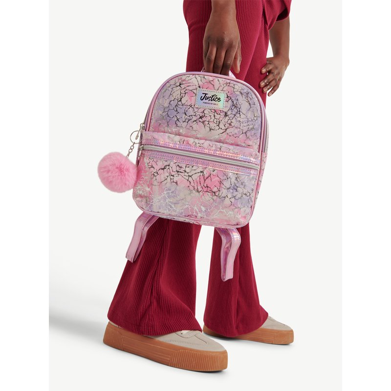 Girls Mini Backpack with Allover Prints & Adjustable Straps - Pink, Purple, Silver, Plaid Variants