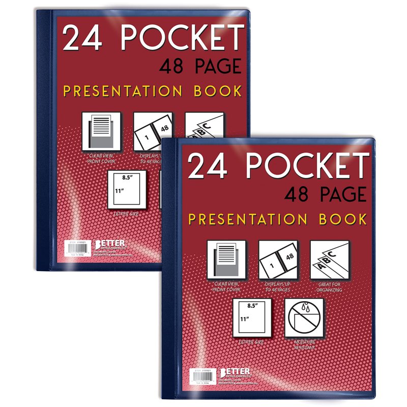 Blue 24-Pocket Presentation Book with Clear View Front Cover - 48 Sheet Pages, Durable Poly Cover