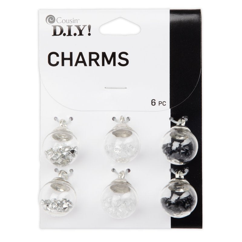 Glitter Globe Charms for Jewelry Making - Silver, Black & Clear 6-Piece Set