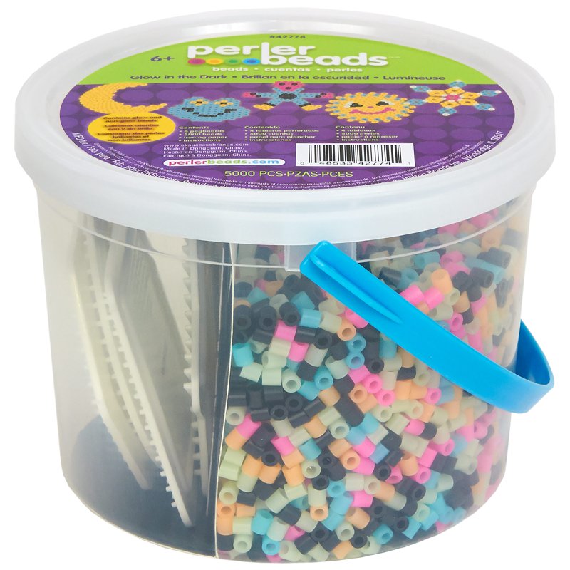 Glow-in-the-Dark Bead Bucket Kit for Arts & Crafts - 5000 Colored Beads & Pegboards