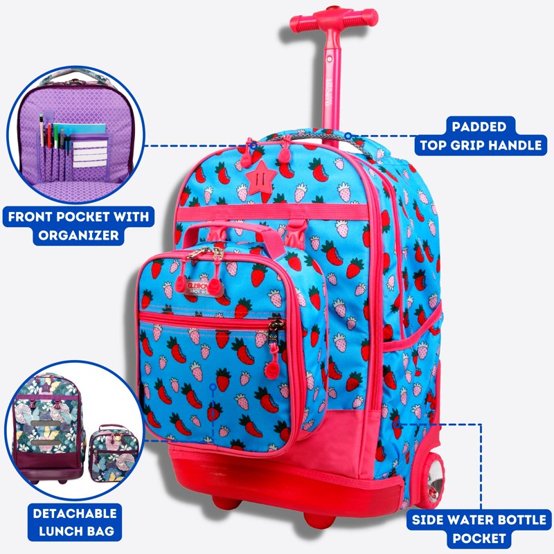 Kids Rolling Backpack with Detachable Lunch Box Set - School Bag for Girls