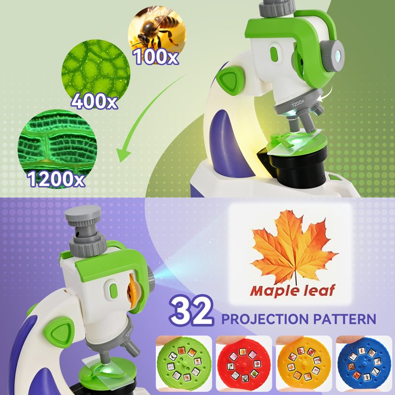 Kids Microscope with Projection Modes 100X-1200X STEM Science Kit for Children