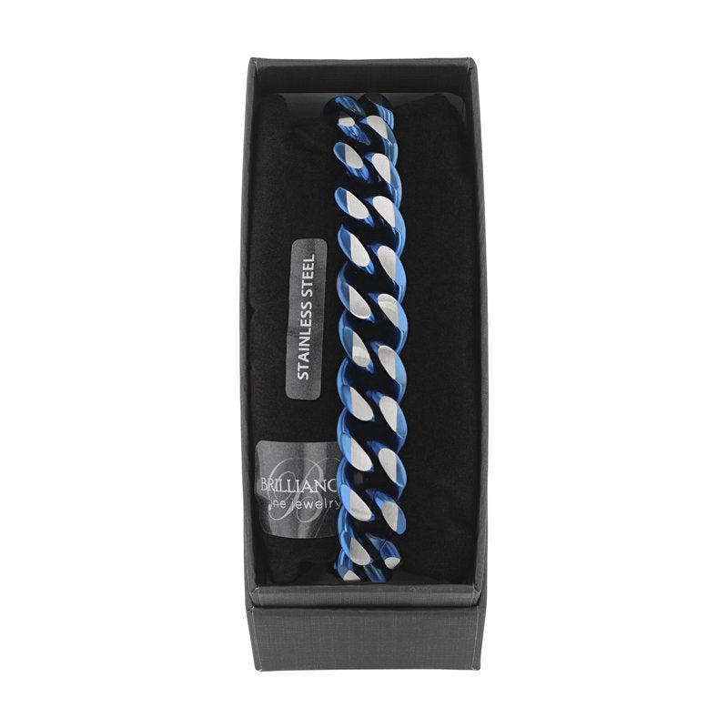 Men's Blue Stainless Steel Beveled Curb Link Bracelet - 8.5 Inches