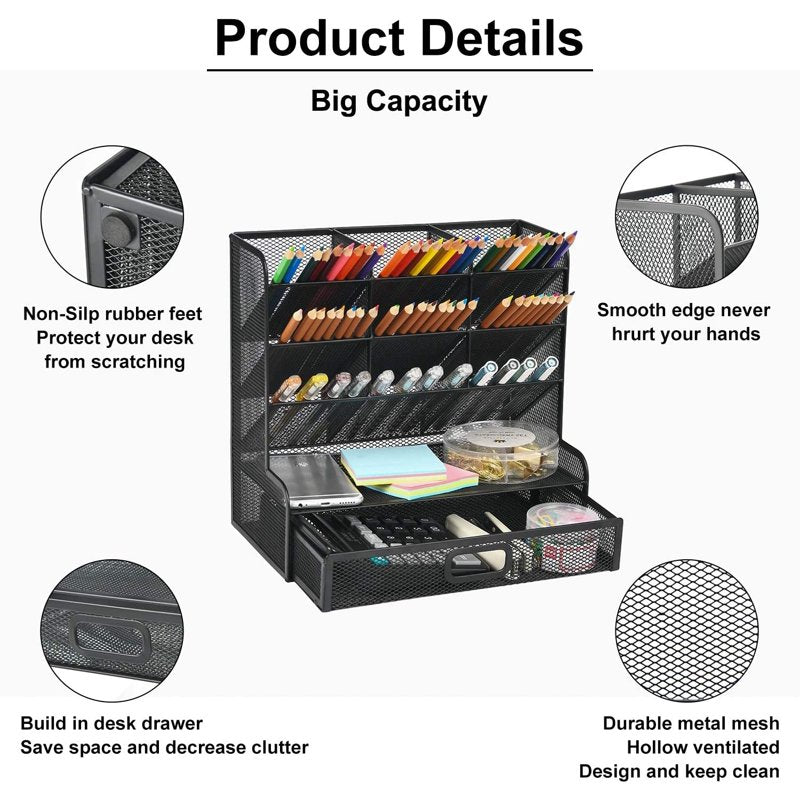 Mesh Desk Organizer with Drawer - Multi-Functional Pen Holder & Storage Rack