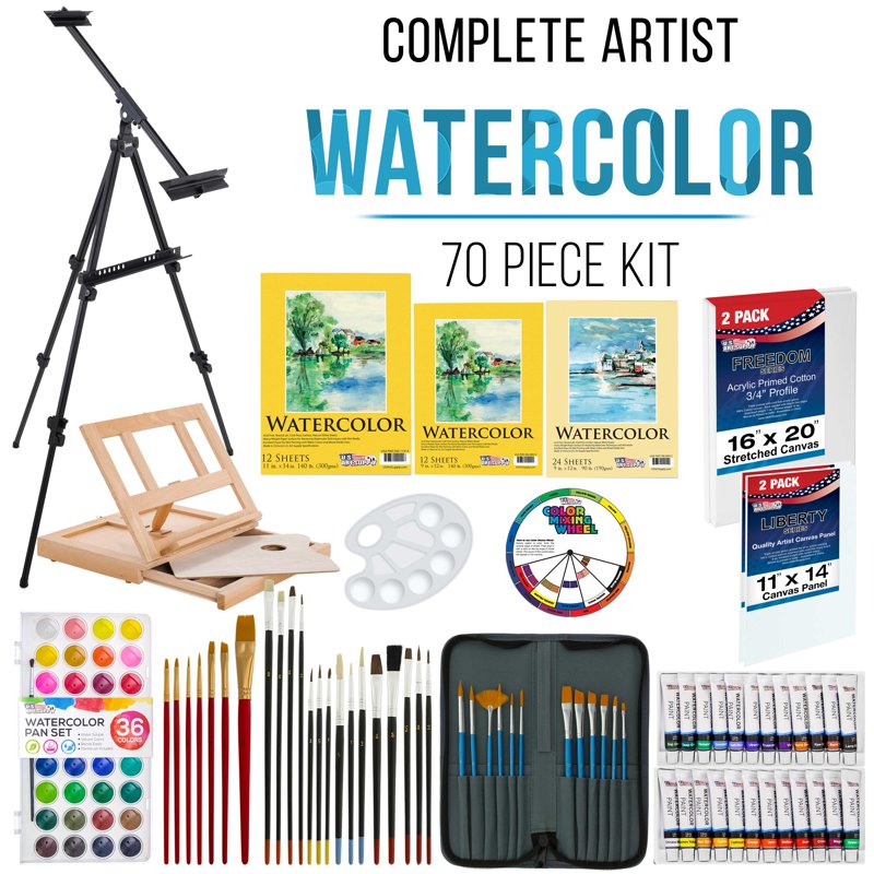 Watercolor Painting Set with Easels, Brushes, Canvases & Paper - 70 Pieces