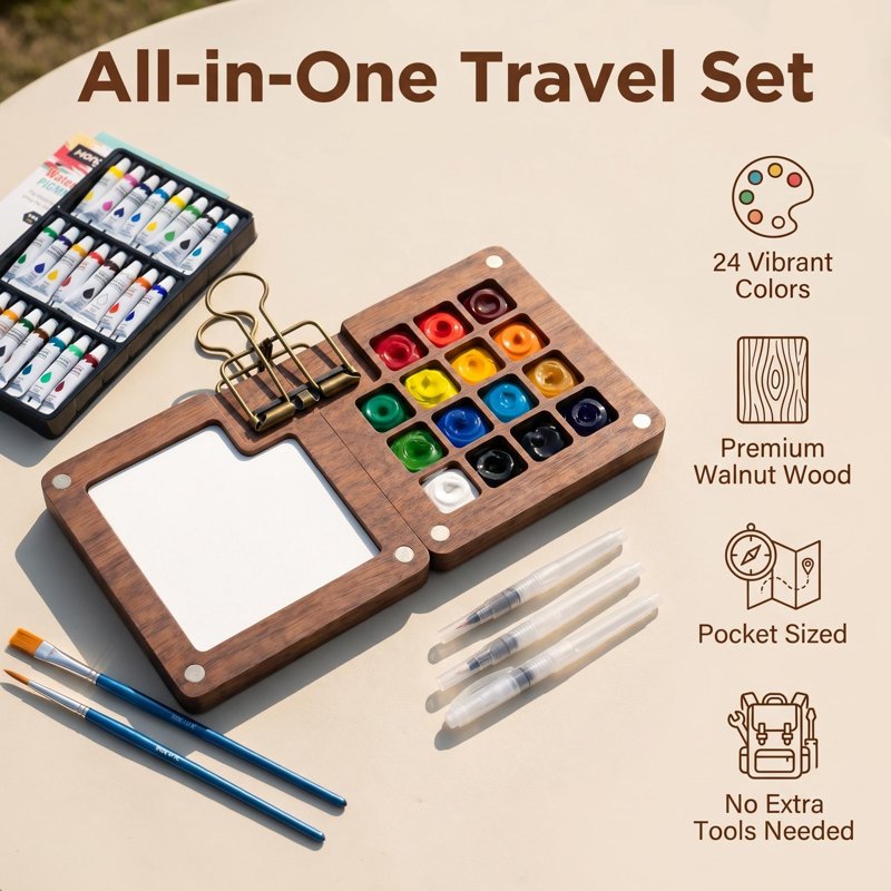 Mini Travel Watercolor Paint Set with Brushes Sketchbook & Copper Clip